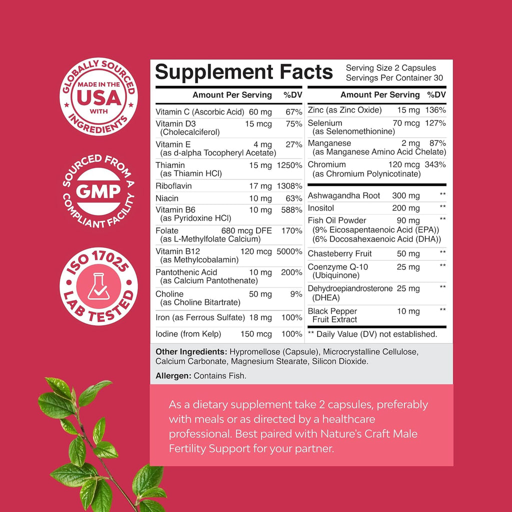 Natures Craft Suplemento de Fertilidad Femenina con Vitaminas Prenatales, 60 Cápsulas