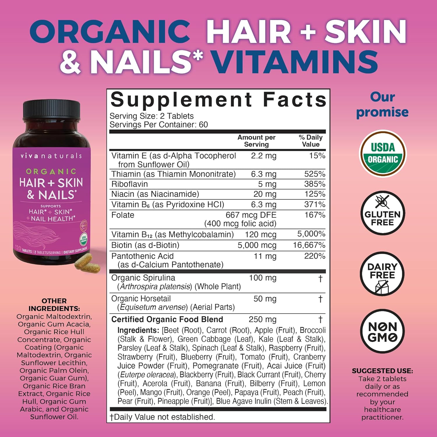 Viva Naturals Biotina 5000 mcg para Cabello, Piel y Uñas – Suplemento Orgánico y Vegetariano – 120 Comprimidos