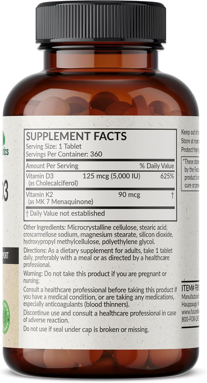 Futurebiotics Vitamina K2 con D3, 5000 UI de Vitamina D3 y 90 mcg de Vitamina K2 MK-7, 360 comprimidos – Image 2