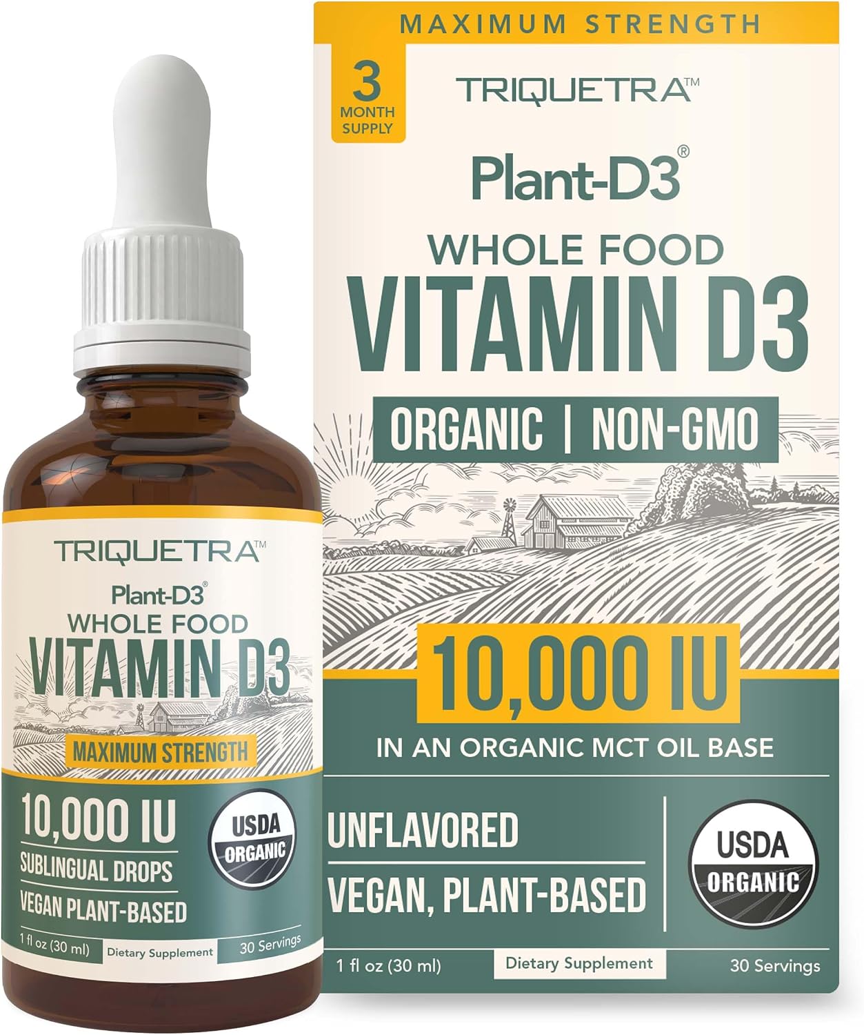 Vitamina D3 Orgánica 10.000 UI - Gotas Sublinguales Veganas de Alta Absorción - Triquetra Health