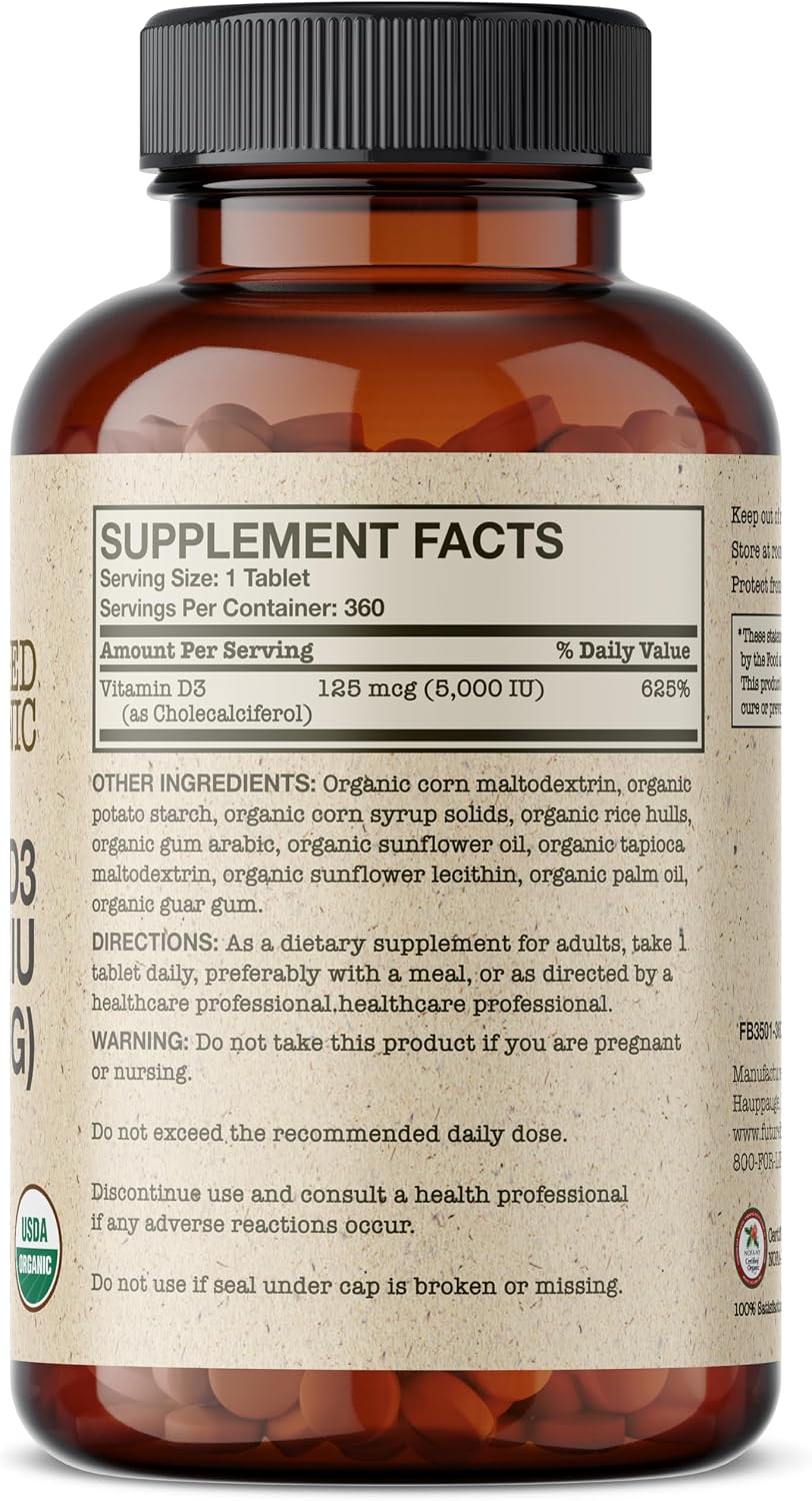 Futurebiotics Vitamin D3 5,000 IU (125 mcg) Orgánica Certificada USDA - 360 Comprimidos