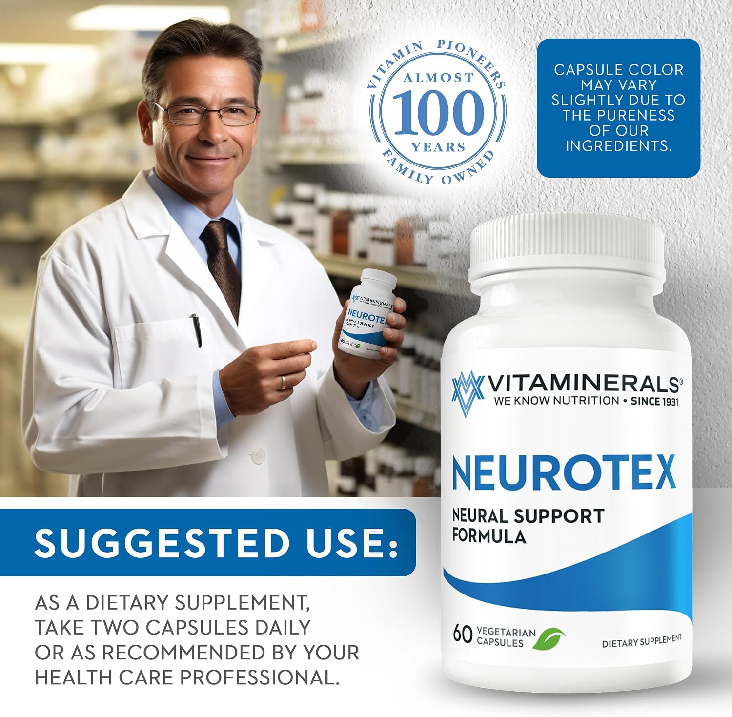 Vitaminerals® 119 Neurotex™ | Apoyo al Sistema Nervioso y Alivio del Estrés | Mente Tranquila | Estado de Ánimo Positivo | 60 Cápsulas Vegetarianas