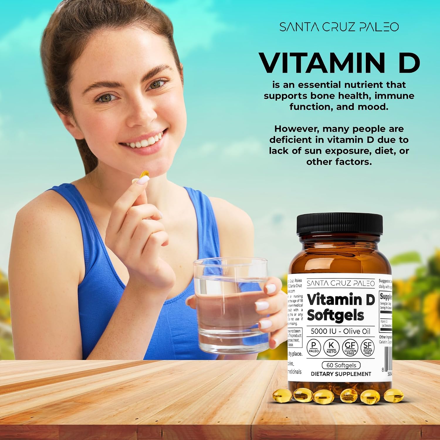 Santa Cruz Paleo Vitamina D3 5000 UI - 60 Cápsulas Blandas con Aceite de Oliva