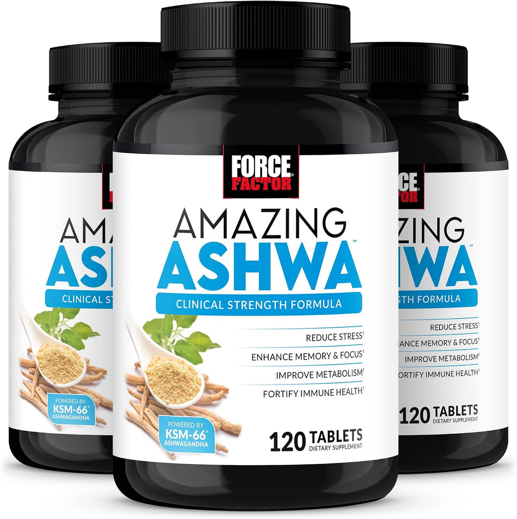 Force Factor Amazing Ashwa, KSM-66 Ashwagandha Suplemento para el Estrés, Enfoque, Memoria, Apoyo Inmunitario, con Vitaminas, Minerales y Antioxidantes, 360 Comprimidos (Paquete de 3)