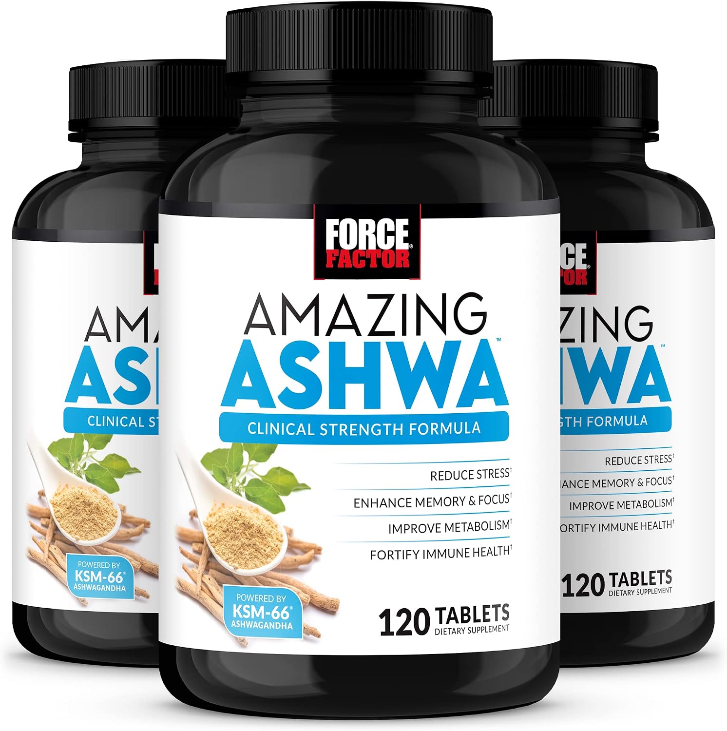 Force Factor Amazing Ashwa, KSM-66 Ashwagandha Suplemento para el Estrés, Enfoque, Memoria, Apoyo Inmunitario, con Vitaminas, Minerales y Antioxidantes, 360 Comprimidos (Paquete de 3)