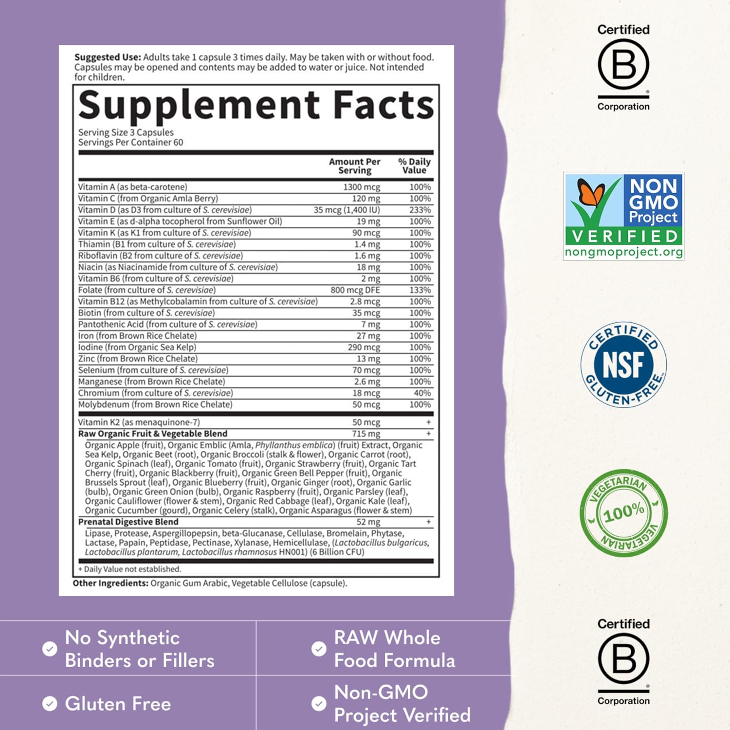 Garden of Life Vitamin Code Raw Prenatal Multivitamínico para Mujeres con Hierro, Ácido Fólico, Probióticos y Nutrientes de Alimentos Integrales – Apoyo Inmunológico y Energía Celular, No-GMO, Sin Gluten, Kosher, 60 Días de Suministro