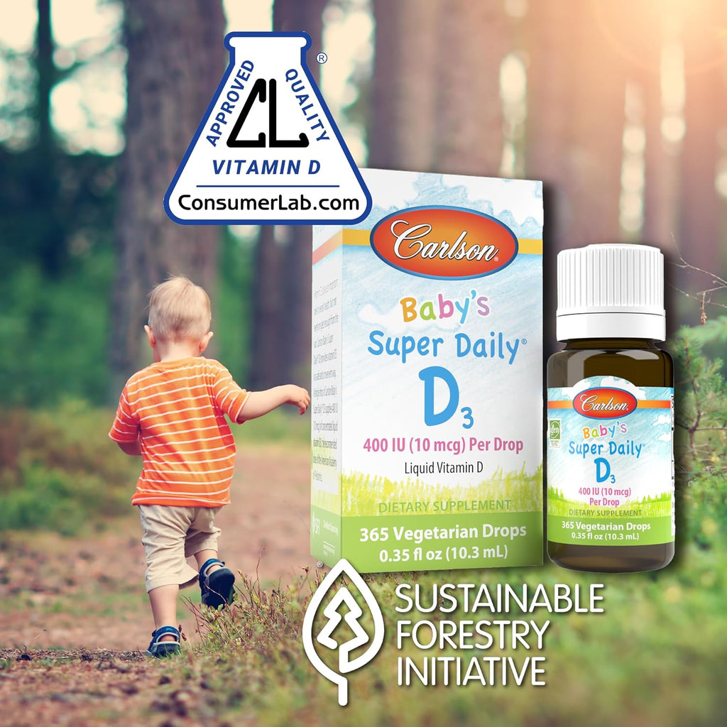 Carlson Baby's Super Daily D3, Vitamin D Drops for Babies, 400 IU (10 mcg) Per Drop, 1-Year Supply, Vegetarian, Liquid Vitamin D for Infants and Toddlers, Unflavored, 365 Drops