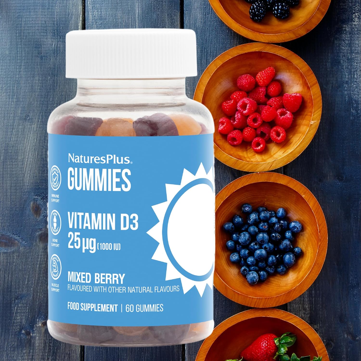 NaturesPlus Gominolas de Vitamina D3 1000 IU - 60 Gominolas, Sabor a Bayas Mixtas