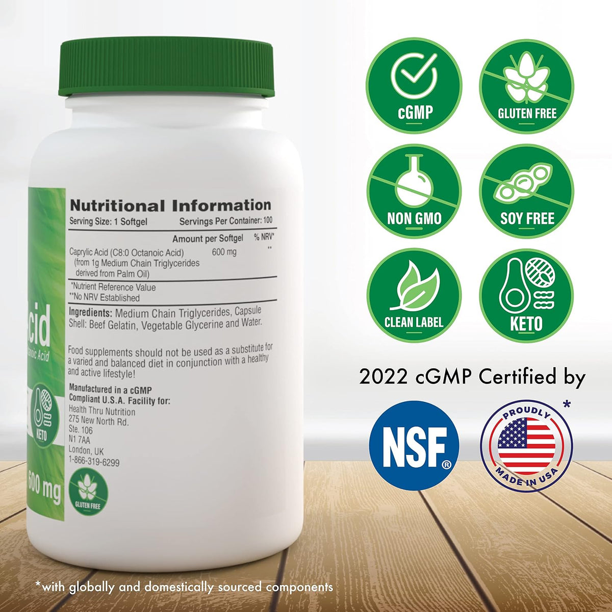 Health Thru Nutrition Ácido Caprílico 600mg - 100 Cápsulas Blandas – Image 2