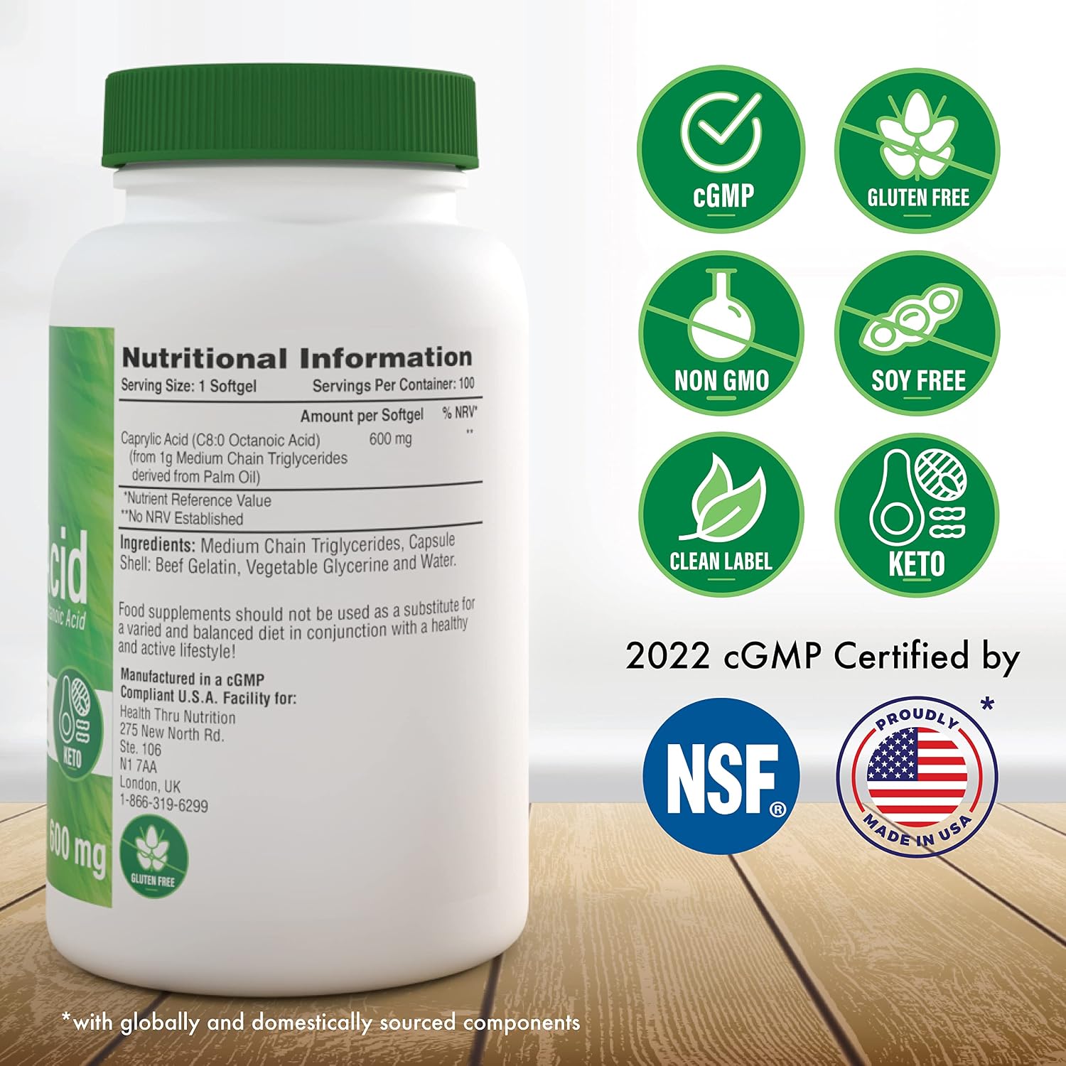 Health Thru Nutrition Ácido Caprílico 600mg - 100 Cápsulas Blandas