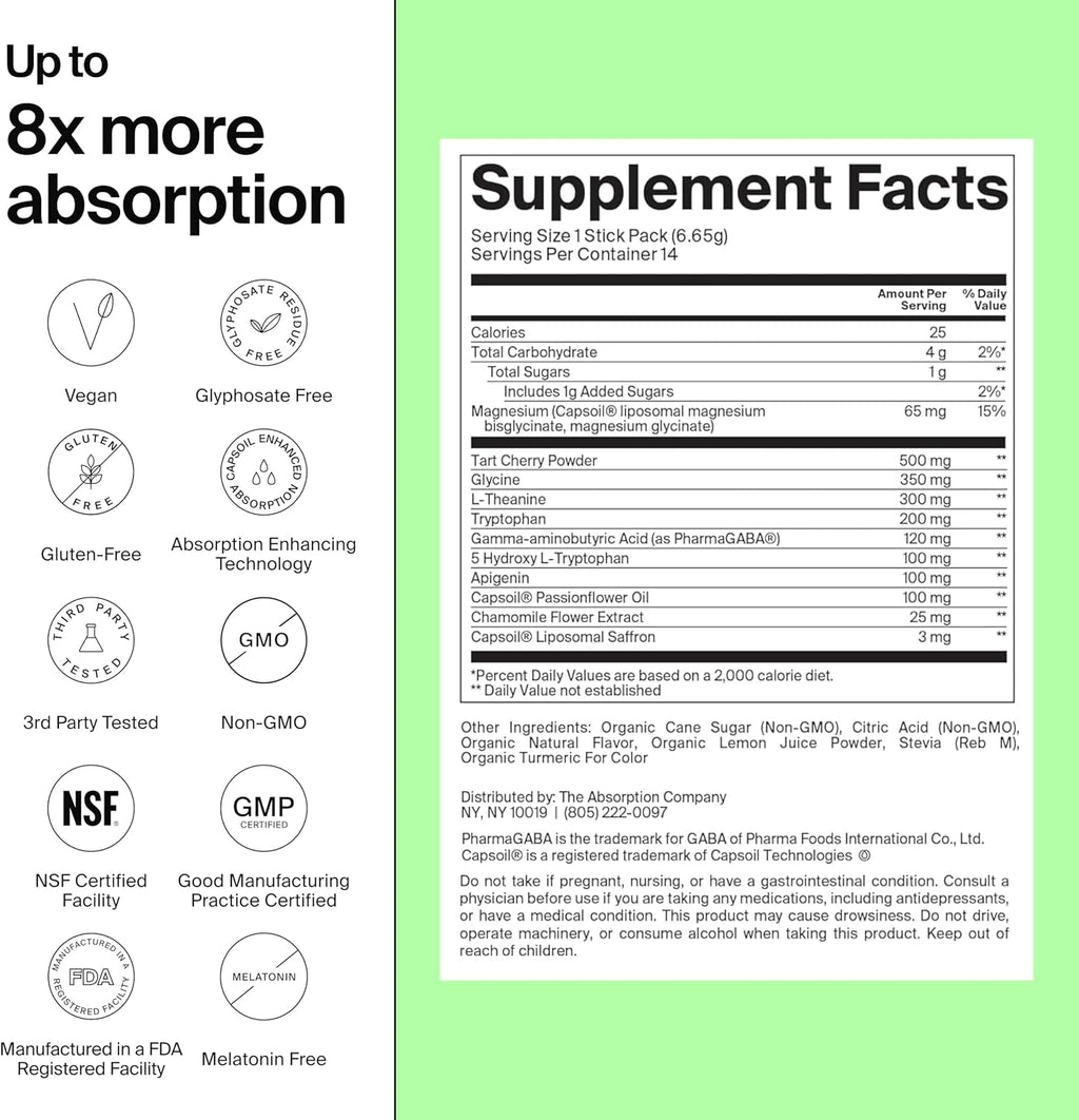 The Absorption Company Polvo para Dormir sin Melatonina - Calmante con Azafrán Liposomal, Magnesio y PharmaGABA, Sabor Limonada de Manzanilla, 7 sticks