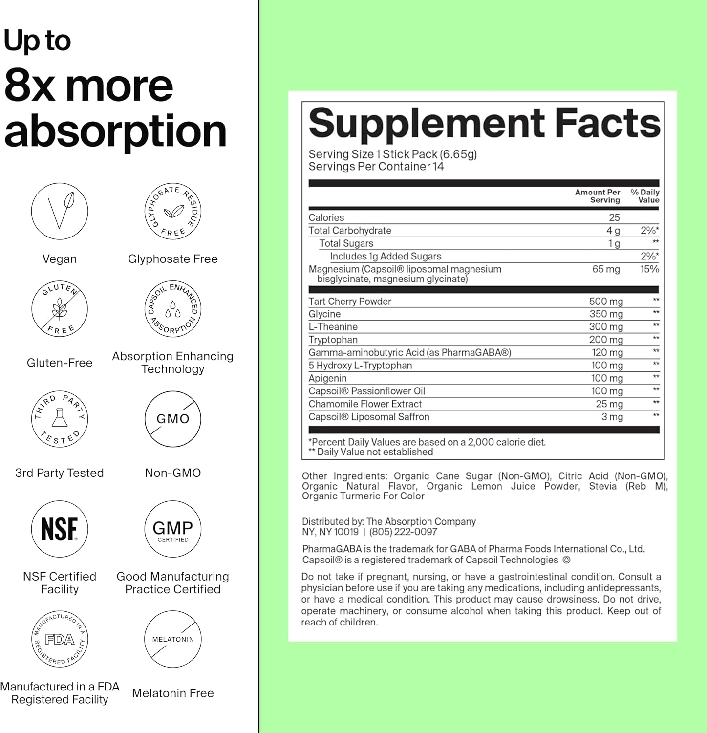 The Absorption Company Polvo para Dormir sin Melatonina - Calmante con Azafrán Liposomal, Magnesio y PharmaGABA, Sabor Limonada de Manzanilla, 7 sticks