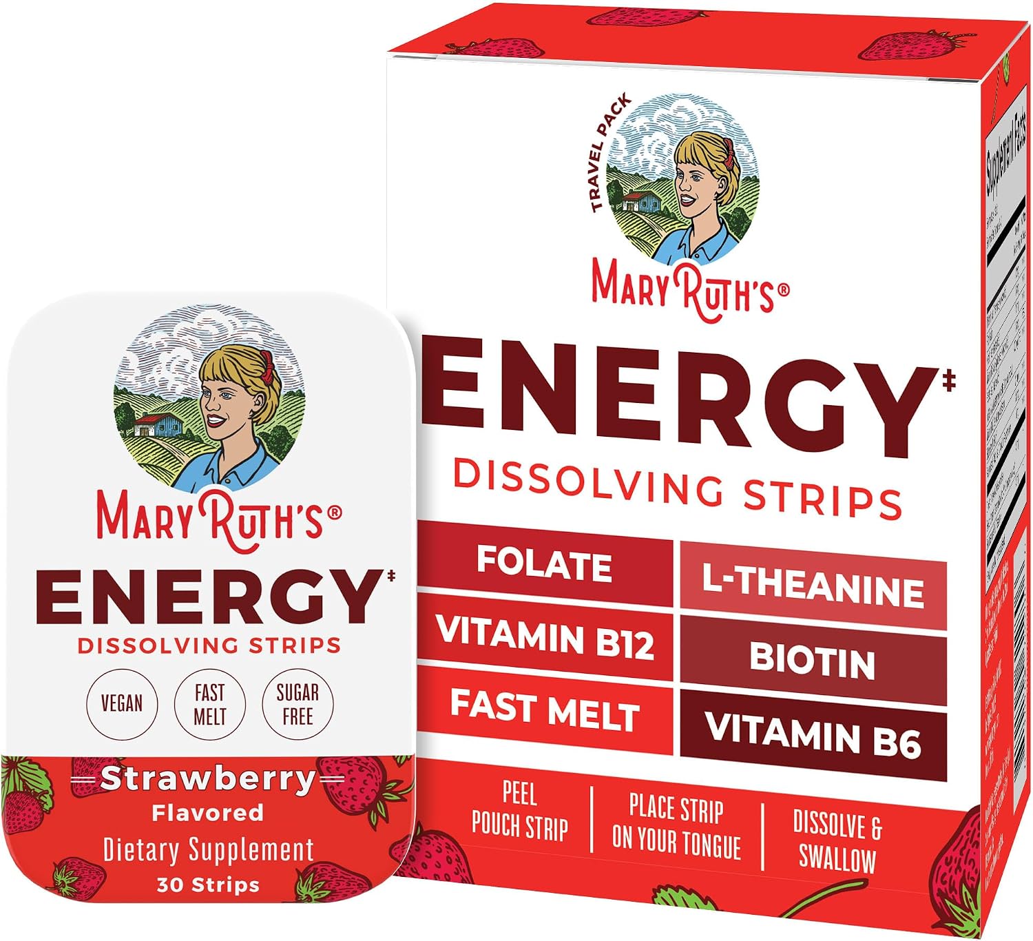 MaryRuth's Energy Dissolving Strips | B Vitamin Complex | Energy Metabolism | Vitamin B12 | Green Coffee Seed Extract | L Theanine | Strawberry Flavor | Vegan | Sugar Free | Gluten Free | 30 Count
