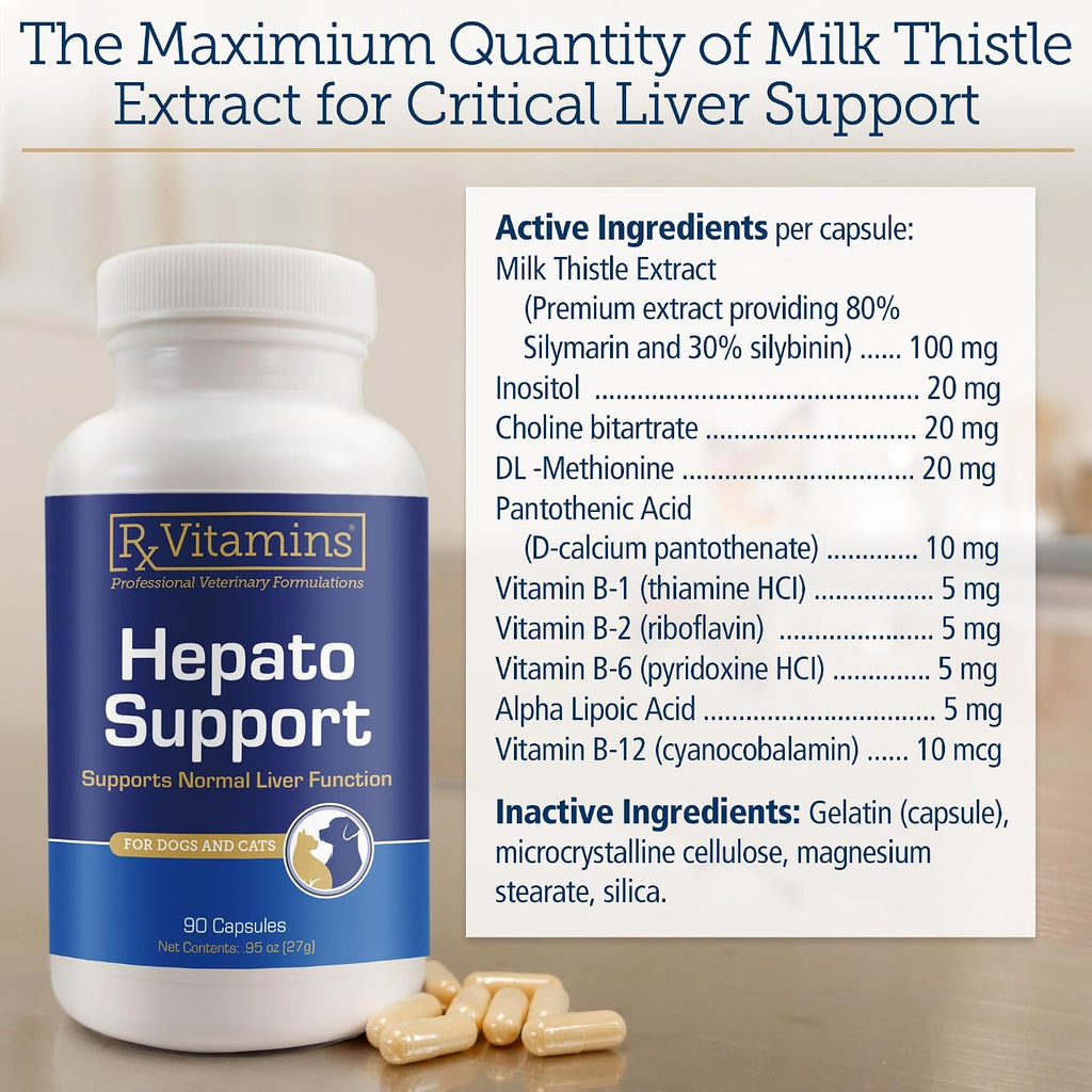 Rx Vitamins Hepato Support – Complemento Hepático para Perros y Gatos con Cardo Mariano – 90 Cápsulas