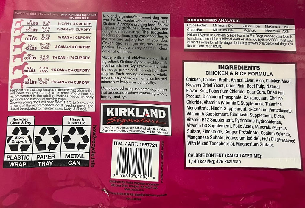 KIRKLAND Signature Comida para Perros Pollo y Arroz, 374 g (24 latas)