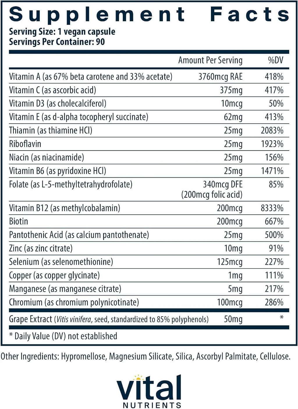 Vital Nutrients Multivitamínico Minimal y Esencial - 90 Cápsulas