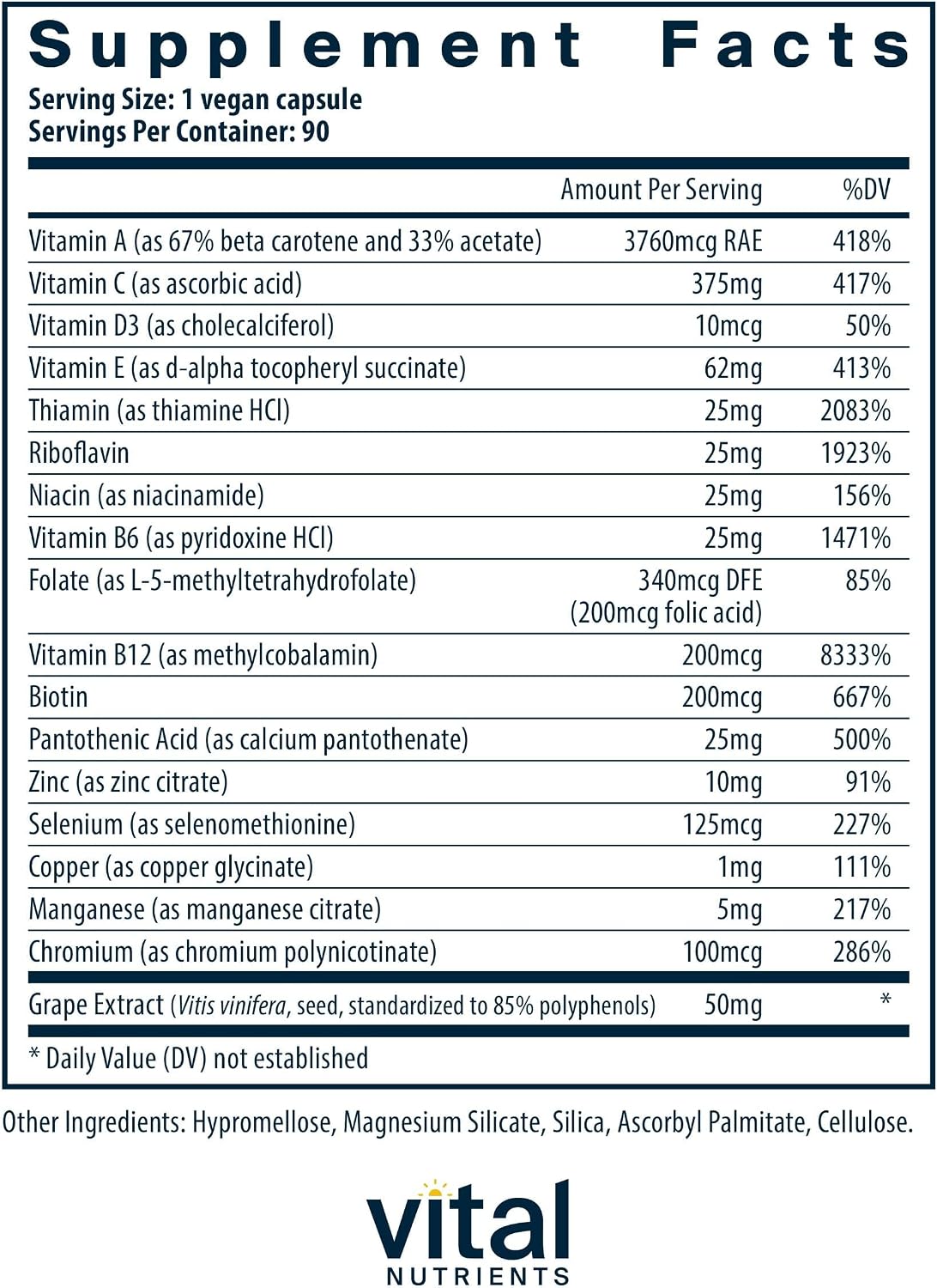 Vital Nutrients Multivitamínico Minimal y Esencial - 90 Cápsulas