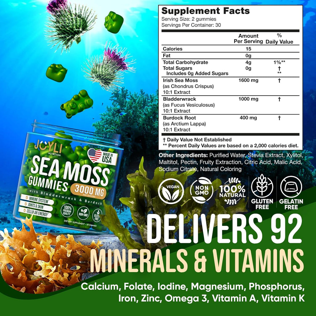 JOYLI Nutrition - Gominolas de Sea Moss para Adultos y Niños – Suplemento Vegano con Bladderwrack y Burdock Root – Sin Azúcar – 2 Paquetes de 60 Gominolas