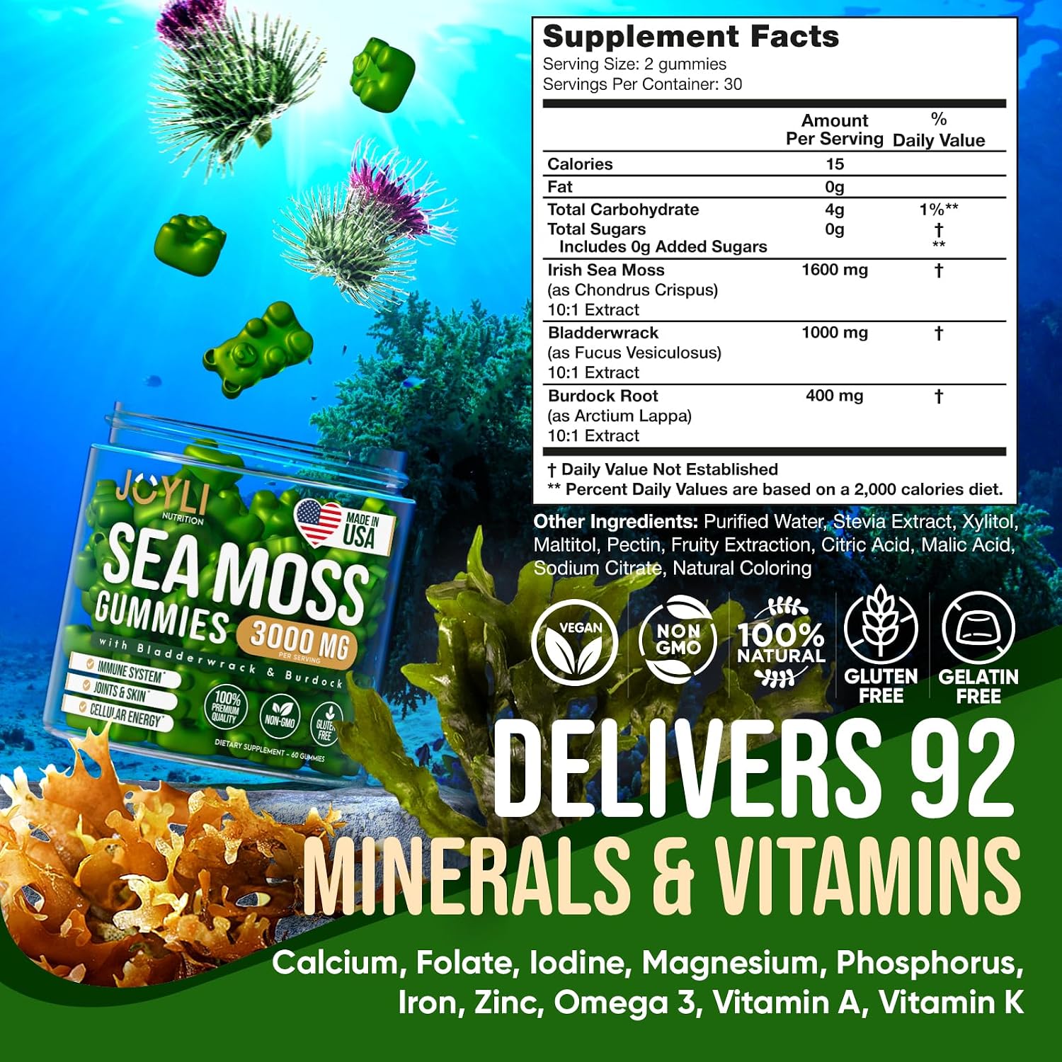 JOYLI Nutrition - Gominolas de Sea Moss para Adultos y Niños – Suplemento Vegano con Bladderwrack y Burdock Root – Sin Azúcar – 2 Paquetes de 60 Gominolas