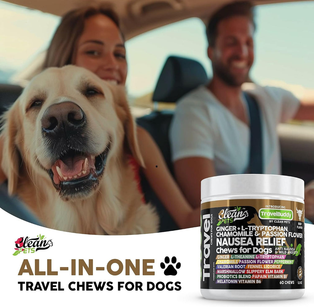 Clean Pets Travel Chews - Masticables calmantes para perros con jengibre y melatonina