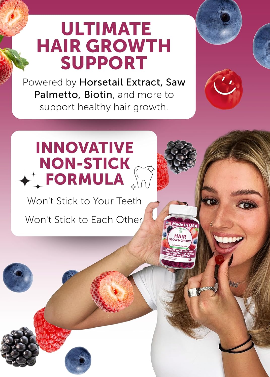 Lunakai Gominolas Super Cabello con Biotina, Zinc, Extracto de Cola de Caballo y Saw Palmetto - 60 unidades