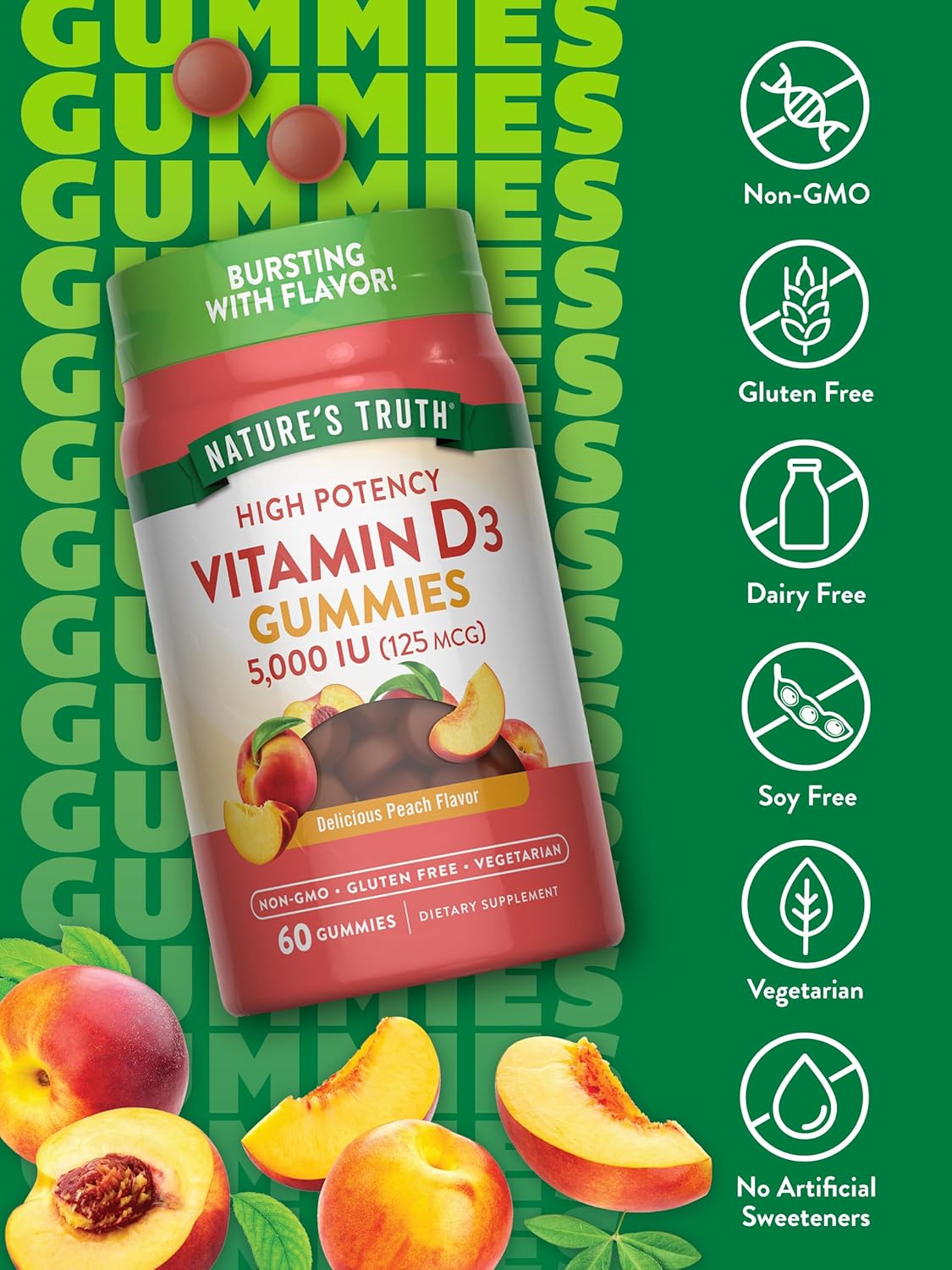 Nature's Truth Vitamin D3 Gummies 5000 IU - 60 Gominolas sabor melocotón