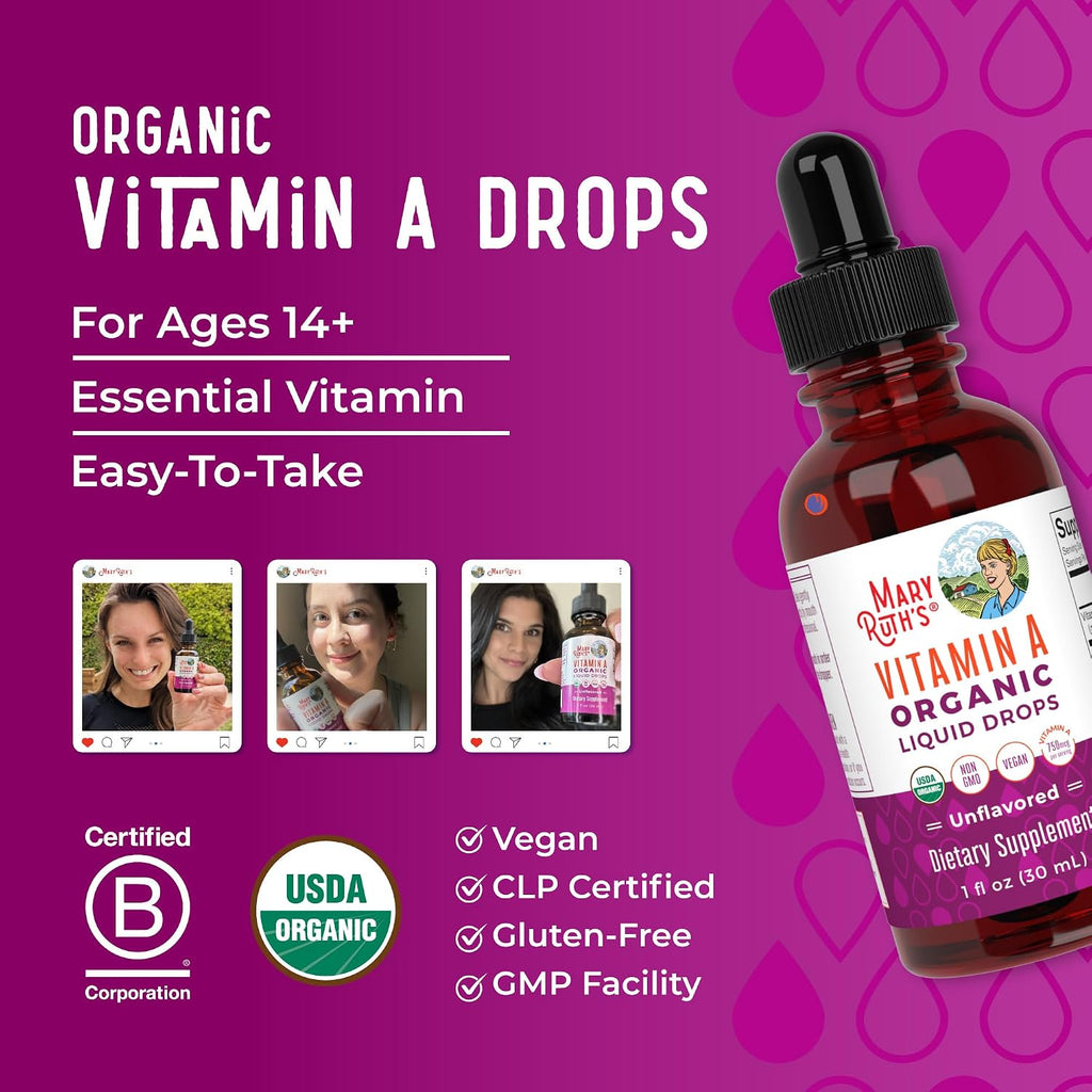 MaryRuth's Organics Gotas Líquidas Orgánicas de Vitamina A | 3 Meses de Suministro | Salud Ósea para Mayores de 14 Años | 750mcg por Ración | Sin Azúcar | Vegano | Sin OMG | Sin Gluten | 30ml