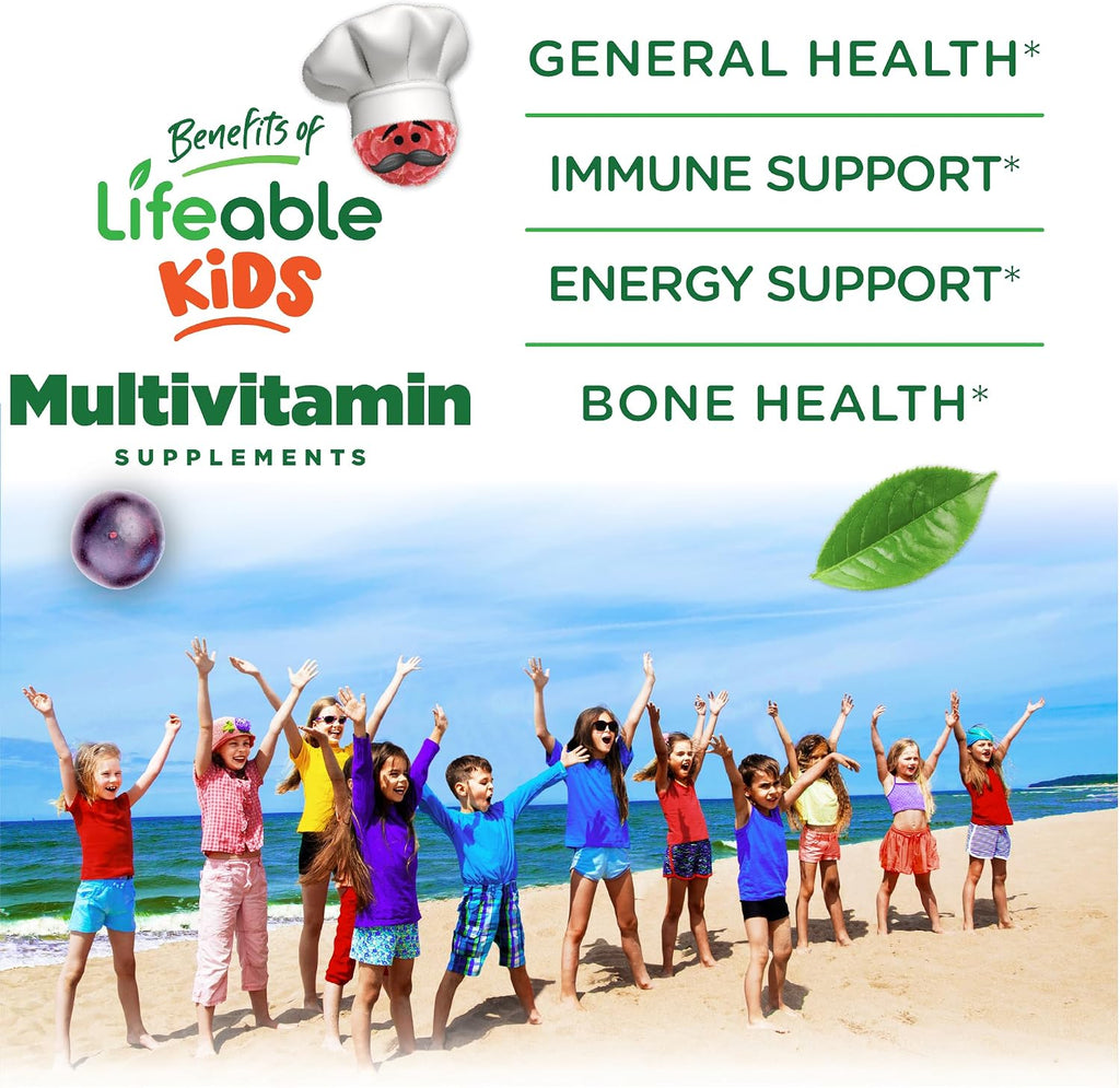 Lifeable Multivitamínico y Multimineral con Hierro para Niños - 150 Comprimidos Masticables Sabor Uva y Bayas