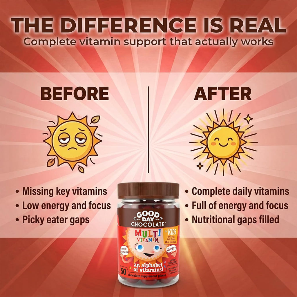 Good Day Chocolate Multivitamínico Completo para Niños – Suplemento Diario con Vitaminas A, B6, B12, C, D, E, Folato y Biotina, Chocolate de Comercio Justo y Sin OGM, 50 Piezas