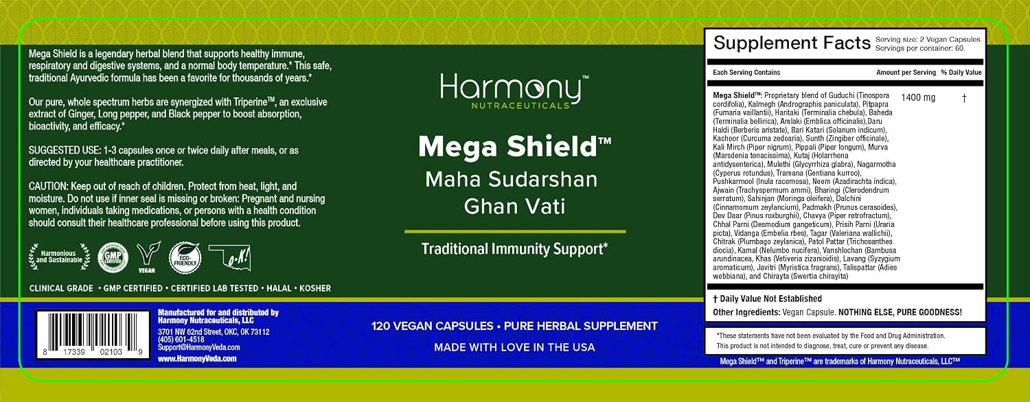 Mahasudarshan Ghan Vati Mega Shield – 120 Cápsulas Veganas – Harmony Nutraceuticals