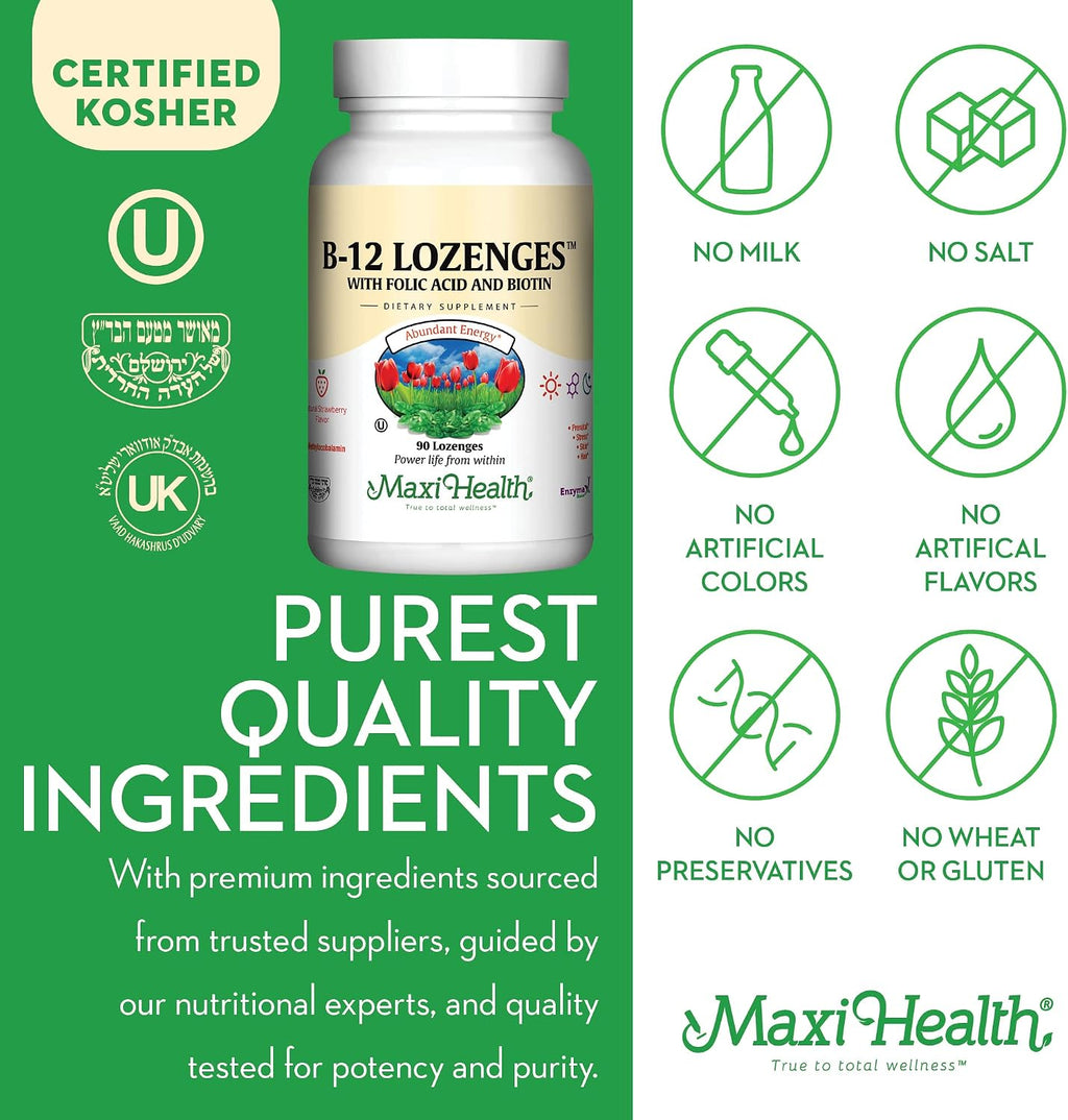 Vitamin B12 Lozenges with Folic Acid and Biotin - 800 mcg Sublingual B12 Lozenges Sabor Fresa - 90 Comprimidos
