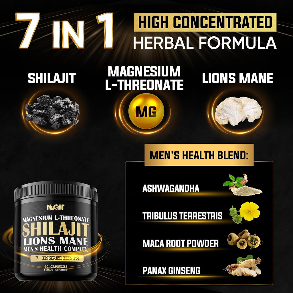 Shilajit Puro del Himalaya Orgánico con Magnesio, Melena de León y Complejo para la Salud Masculina - 60 Cápsulas