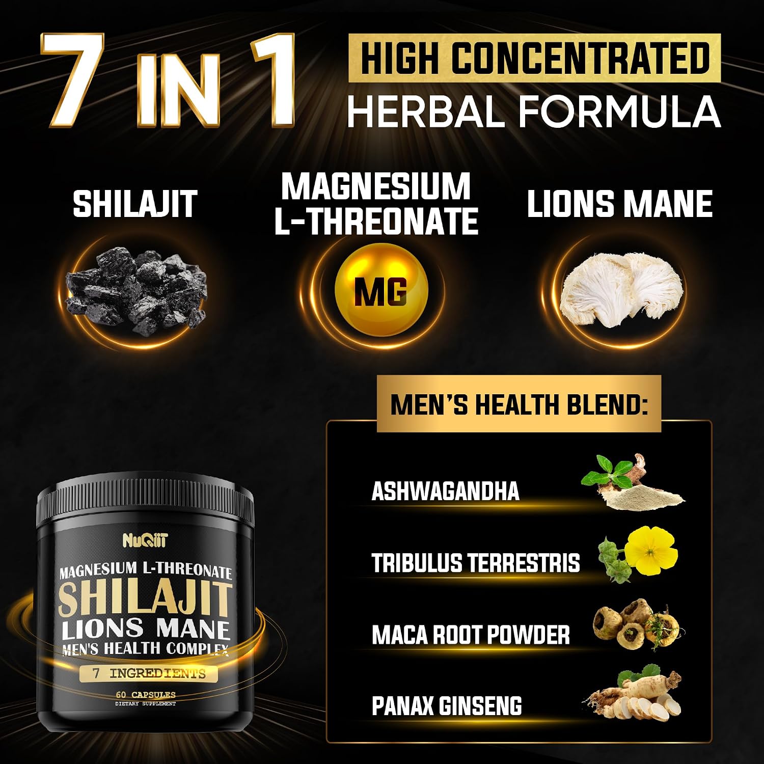 Shilajit Puro del Himalaya Orgánico con Magnesio, Melena de León y Complejo para la Salud Masculina - 60 Cápsulas