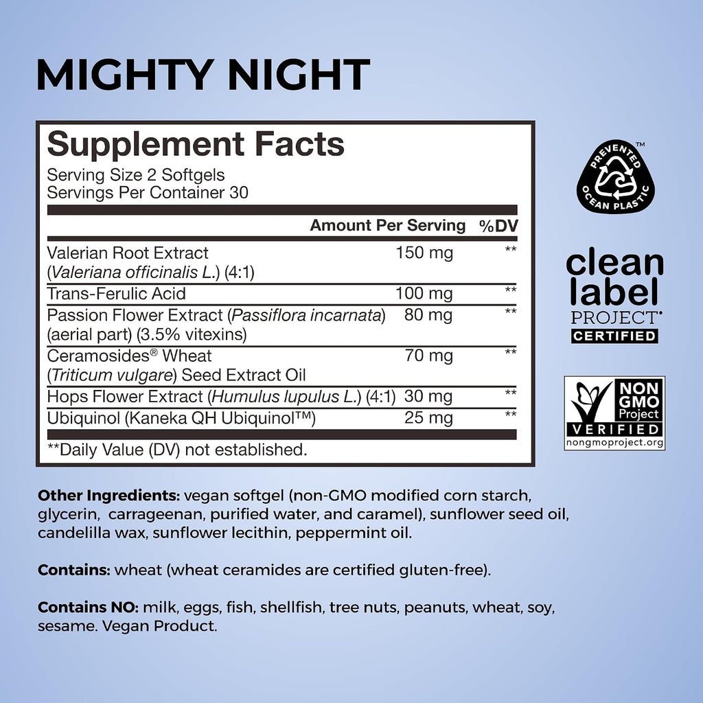 HUM Mighty Night - Suplemento Nocturno para el Sueño y el Cuidado de la Piel, 60 Cápsulas Veganas