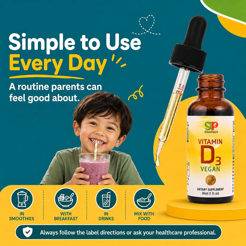 GreenPeach Vitamina D3 Líquida Vegana - Gotas de 400 a 2000 UI para Bebés y Niños