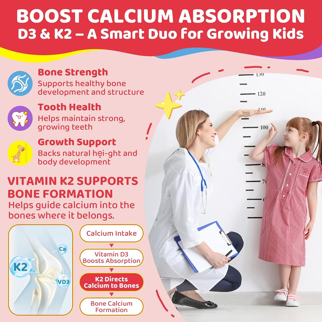 Gominolas líquidas de vitamina D3, K2 y calcio para niños y adolescentes, 1000 UI / 2000 UI D3 con magnesio, omega-3 de algas, vitaminas para huesos y dientes, absorción de calcio, cerebro e inmunidad, sin azúcar, pack de 2