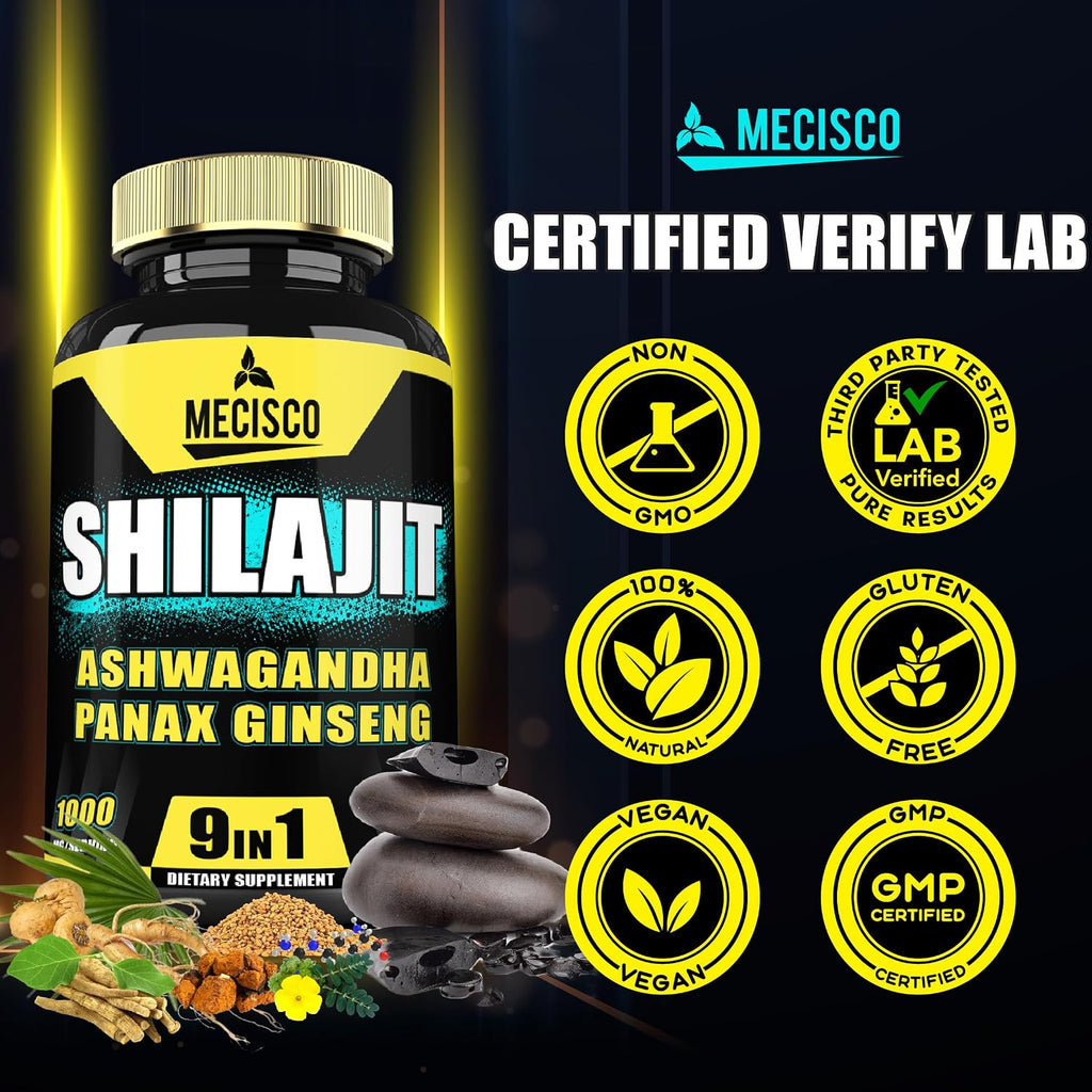 9in1 Shilajit Puro del Himalaya con Ashwagandha, Ginseng, L-Arginina y más - 210 Cápsulas