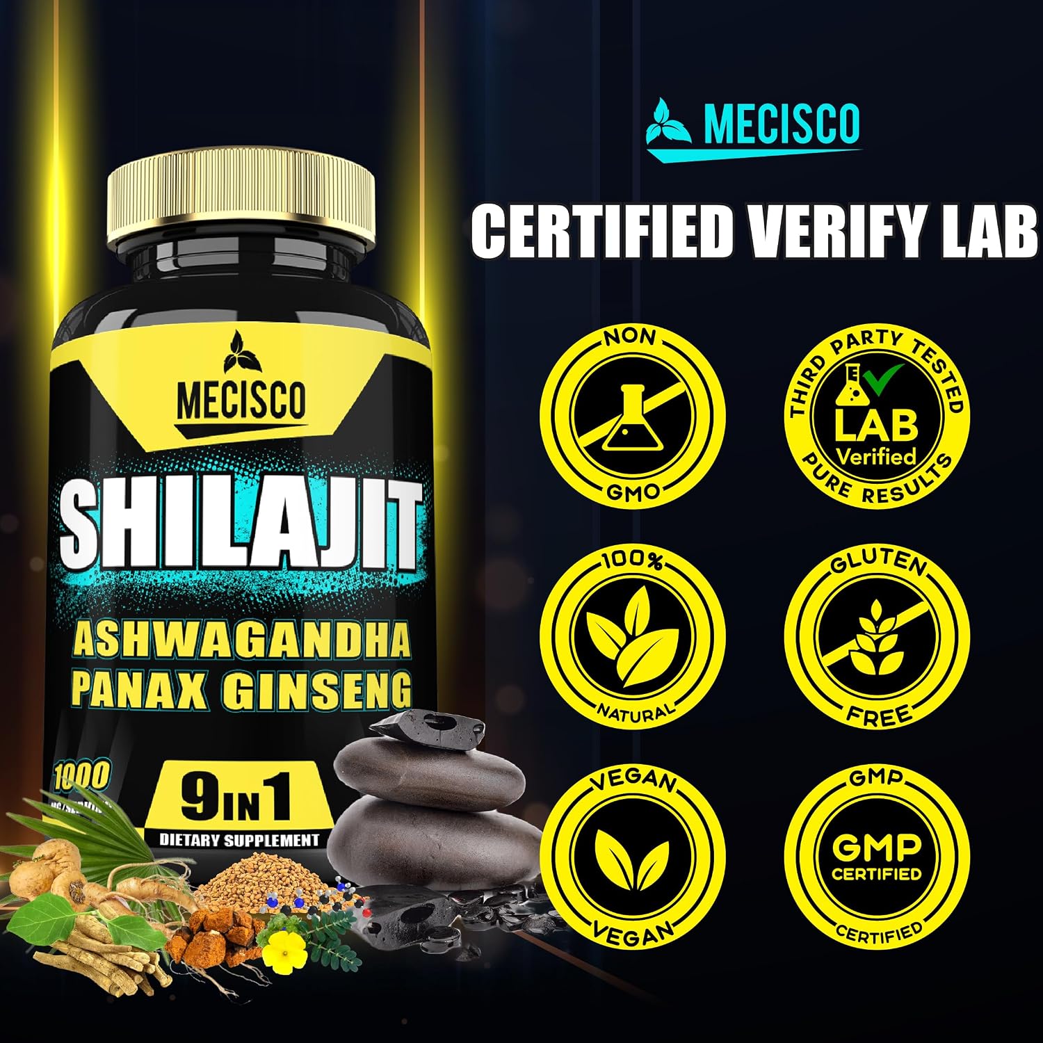 9in1 Shilajit Puro del Himalaya con Ashwagandha, Ginseng, L-Arginina y más - 210 Cápsulas