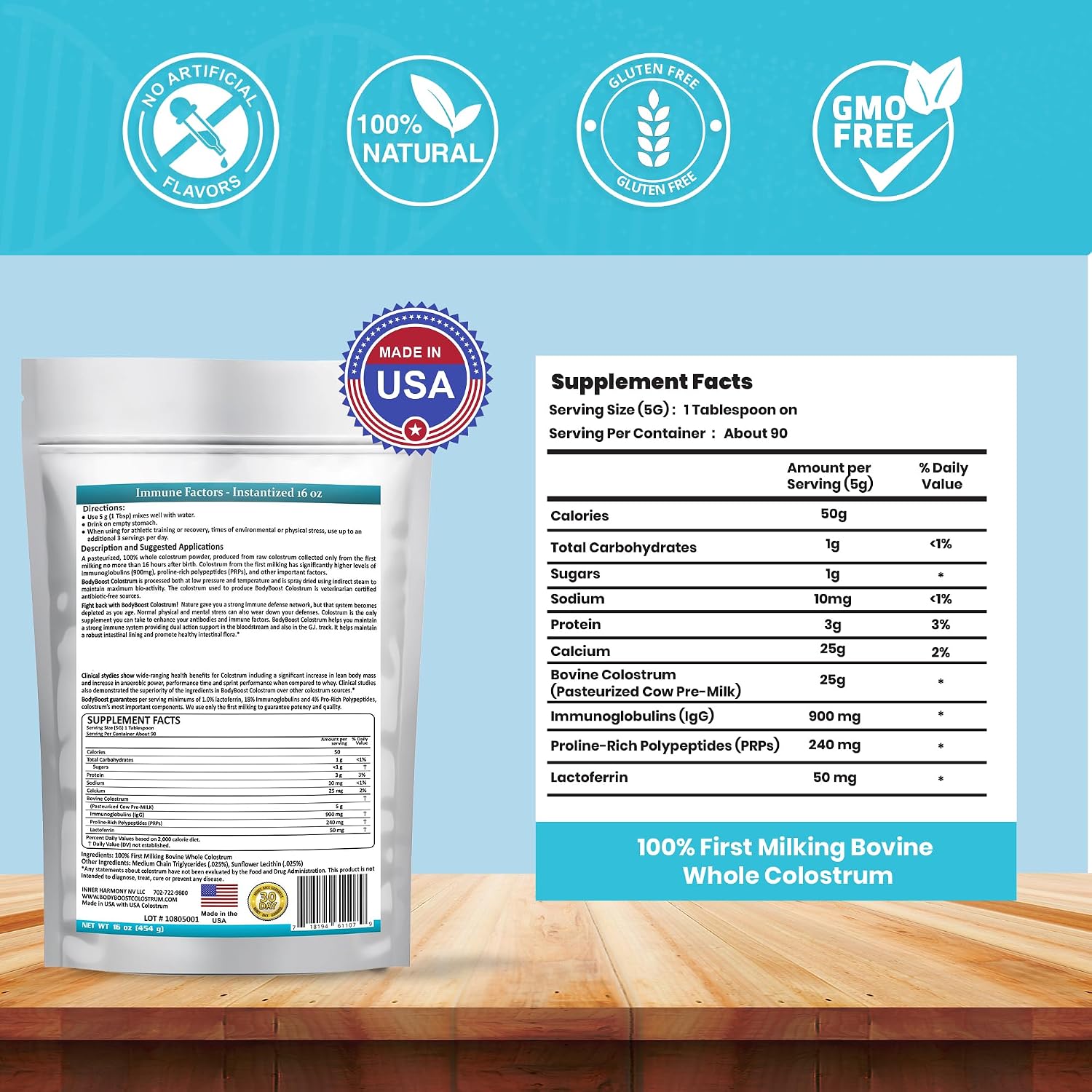 BodyBoost Calostro Instantáneo Integral, Calostro Bovino 99.5% en Polvo, 454 g