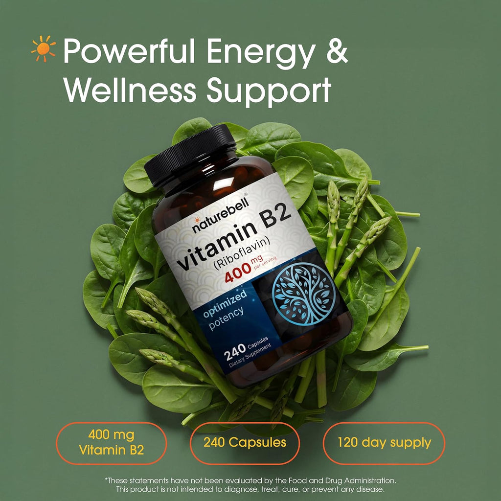 NatureBell Vitamina B2 (Riboflavina) 400mg - 240 Cápsulas - Complemento para Energía y Salud Celular