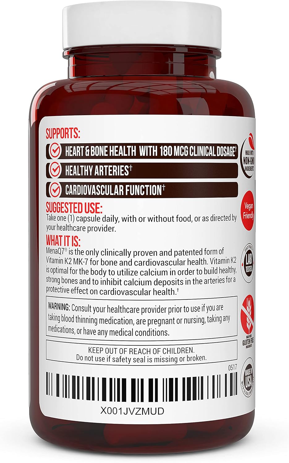 Vitamin K2 MK-7 Supplement 180 mcg - MenaQ7 for Bone and Cardiovascular Health - 60 Vegetable Capsules