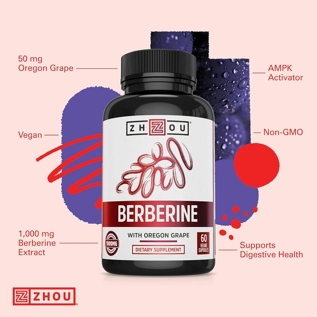 Zhou Berberine con Uva de Oregón - 1000mg por Cápsula, 60 Cápsulas Vegetales
