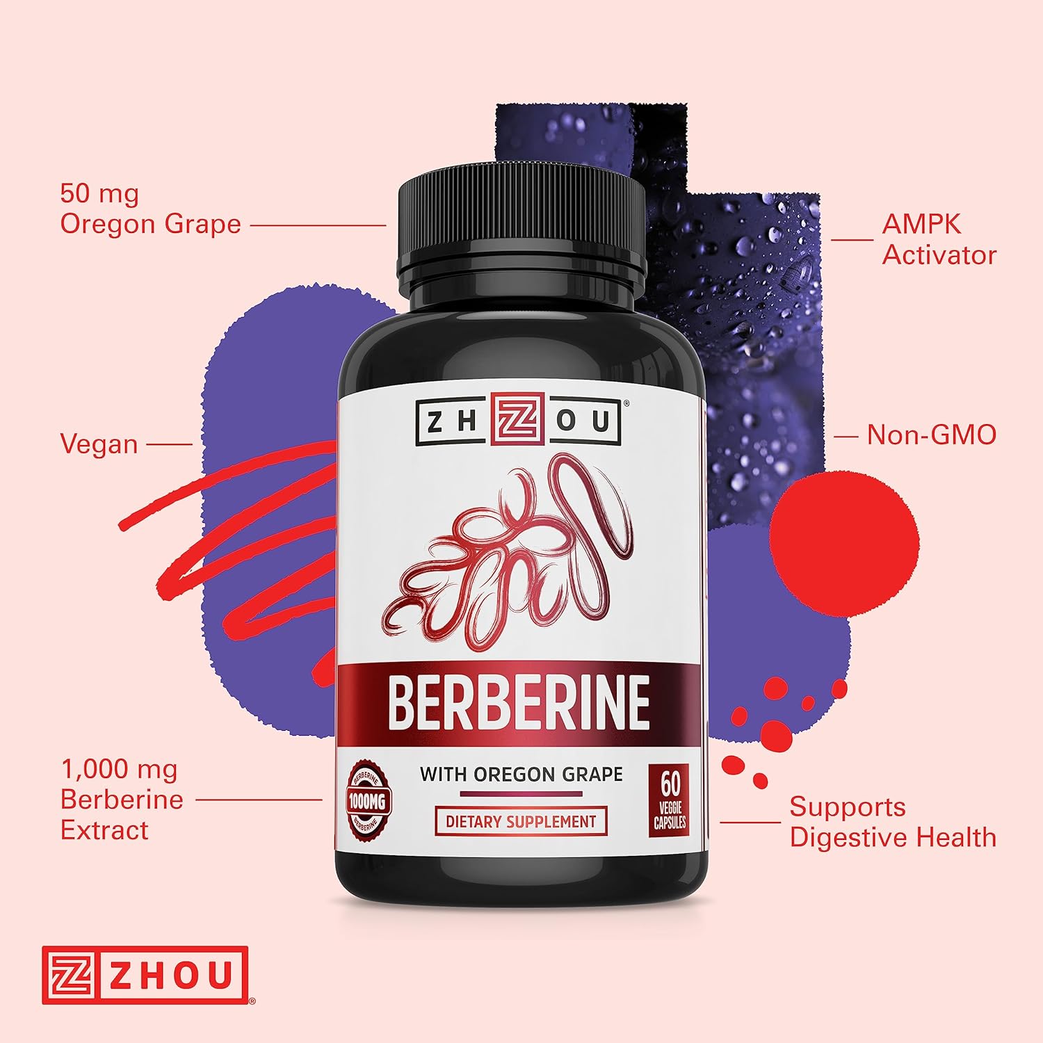 Zhou Berberine con Uva de Oregón - 1000mg por Cápsula, 60 Cápsulas Vegetales