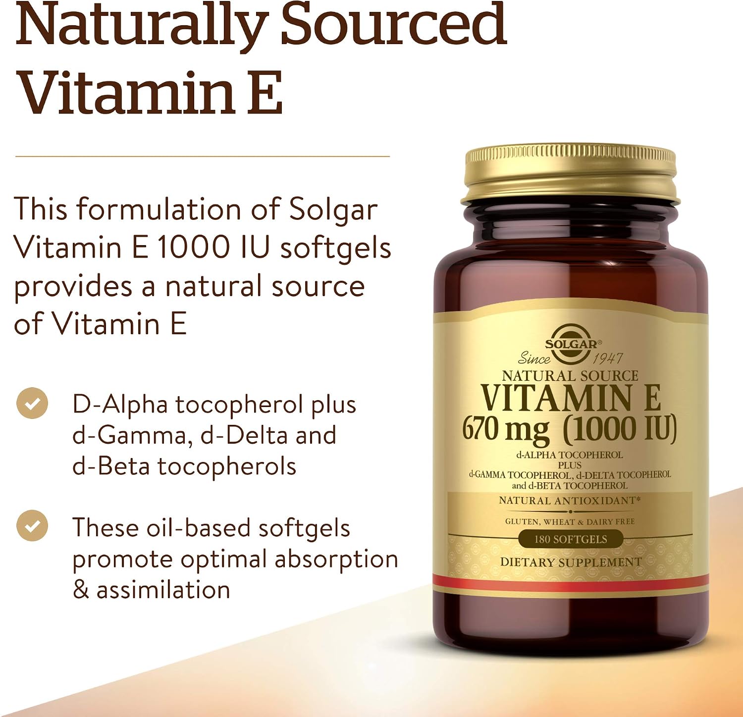 Solgar Vitamina E 670 mg (1000 UI), 180 Cápsulas Blandas
