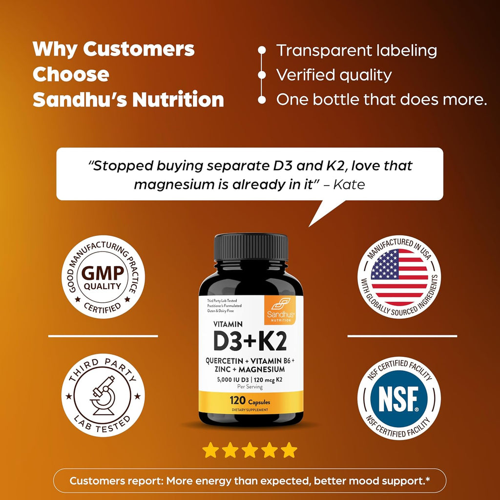 Sandhu's Vitamin D3 K2 Magnesium 5000 IU, 120mcg K2 Capsules 120 Count (Pack of 1) | con Vit B6, Zinc y Quercetina