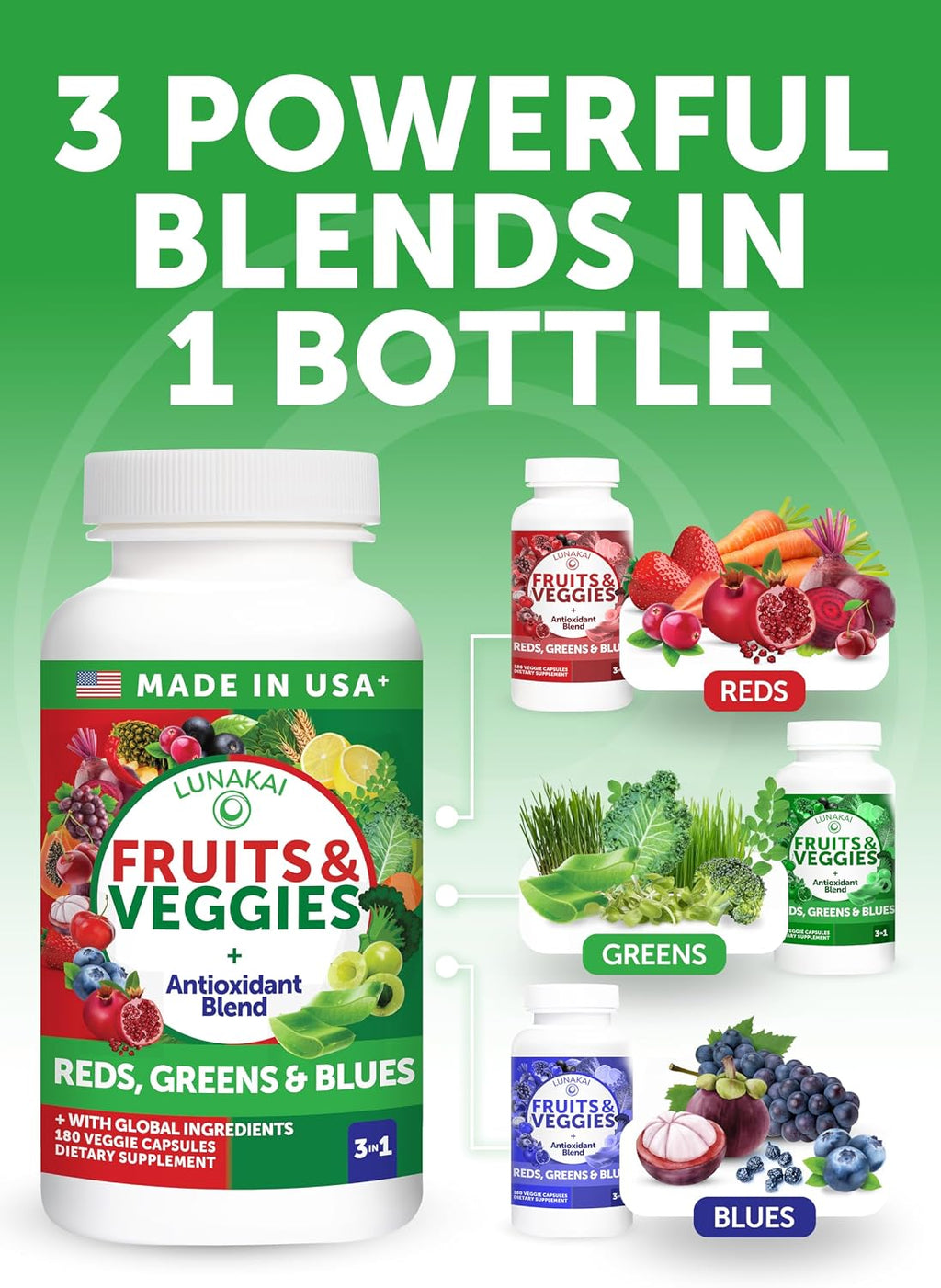 Lunakai USA Made Superfood Fruits & Veggies Supplement - All-in-One con 4 Mezclas y Cápsulas Aromáticas, 180 Cápsulas para Adultos