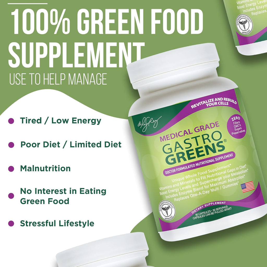 Dr. Liz Cruz Gastro Greens - Suplemento de Verduras con Enzimas, 90 Cápsulas