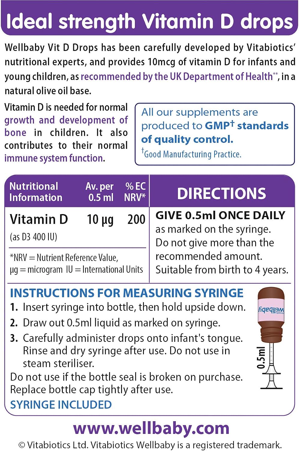 Wellbaby 30 ml Vitamin D Drops - Gotas de Vitamina D para Bebés