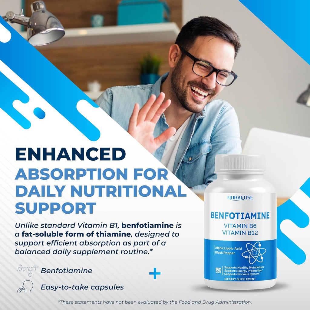 NURAFUSE Benfotiamina con Vitamina B6, B12, Ácido Alfa Lipoico, Cúrcuma - 150 Cápsulas