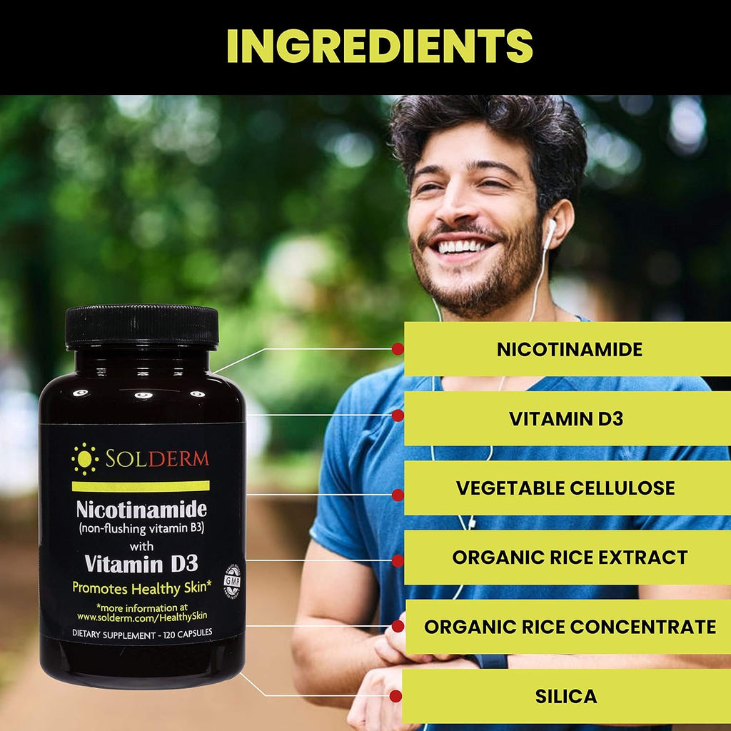 Solderm Nicotinamida y Vitamina D3 - Suplemento sin efecto rubor, 60 cápsulas, 500mg